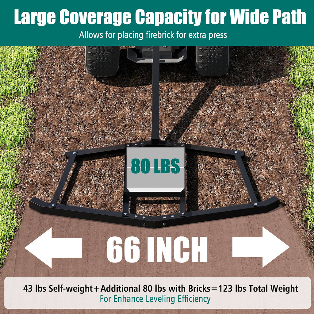 66" Wide Driveway Drag Tow Behind Landscape Leveling Rake with Reinforced Bars-Black