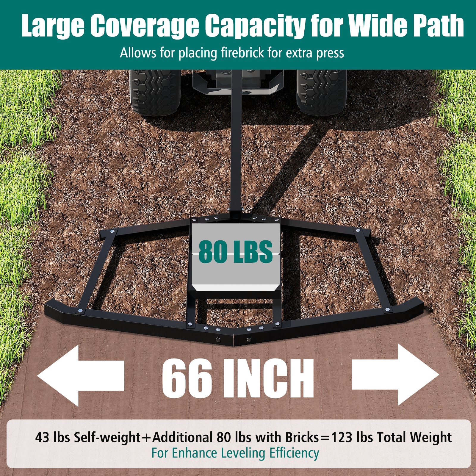 66" Wide Driveway Drag Tow Behind Landscape Leveling Rake with Reinforced Bars-Black