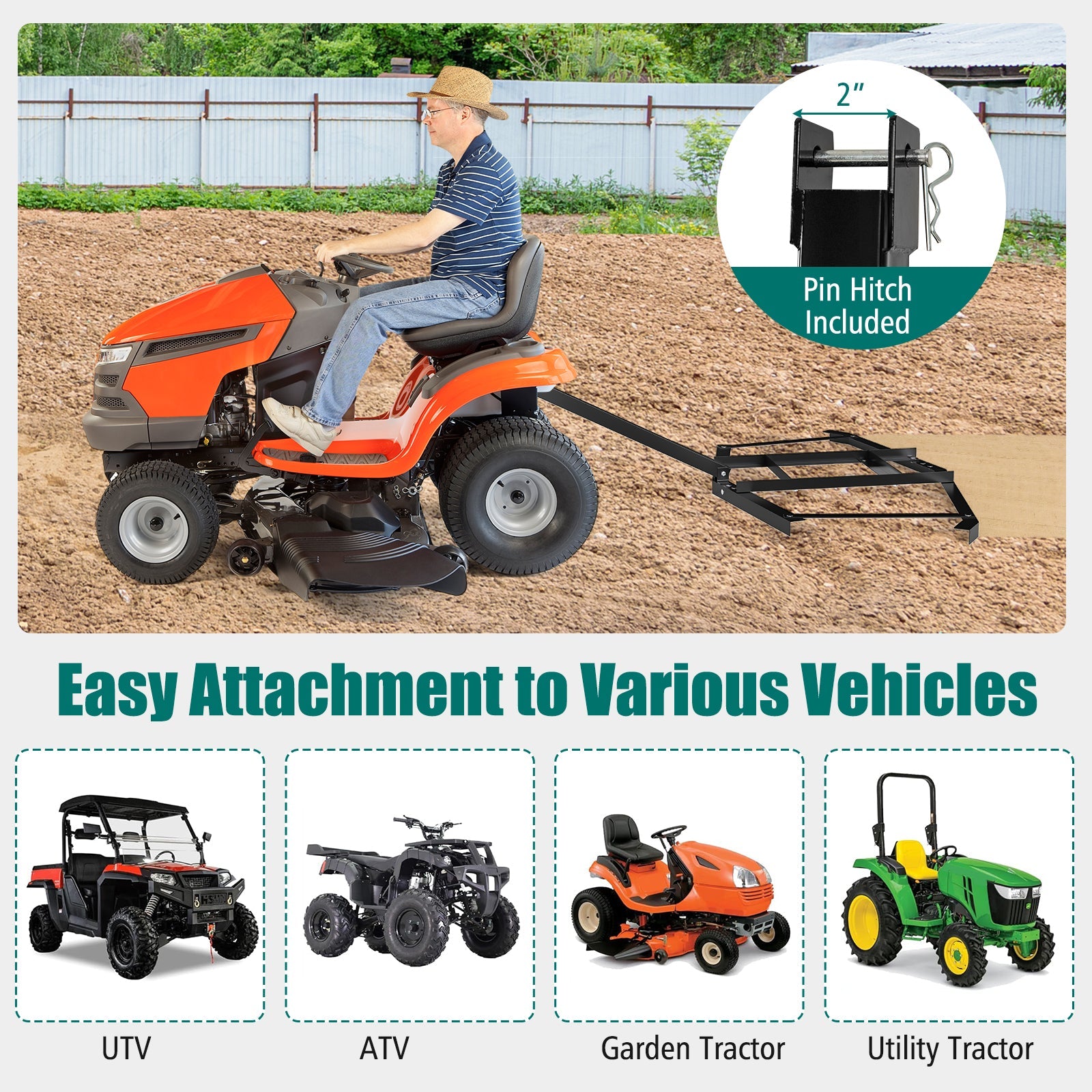 66" Wide Driveway Drag Tow Behind Landscape Leveling Rake with Reinforced Bars-Black