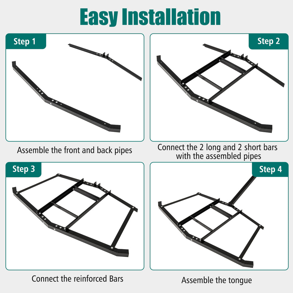 66" Wide Driveway Drag Tow Behind Landscape Leveling Rake with Reinforced Bars-Black