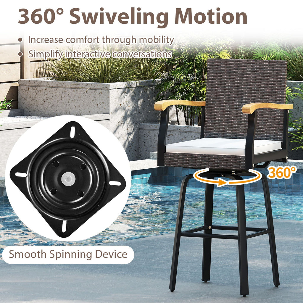 Set of 2 Outdoor 360¬∞ Swivel Bar Stool with Cushion and Acacia Wood Armrests