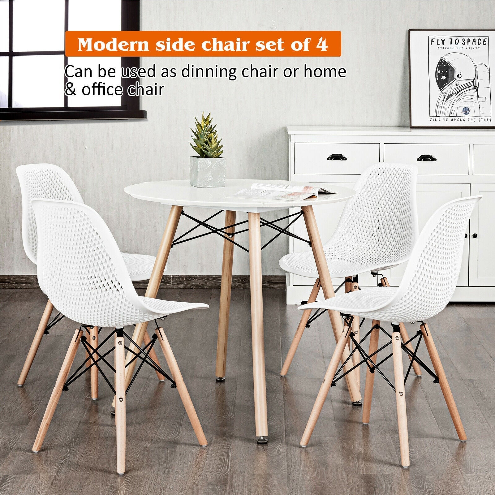 4 Pieces Modern Plastic Hollow Chair Set with Wood Leg