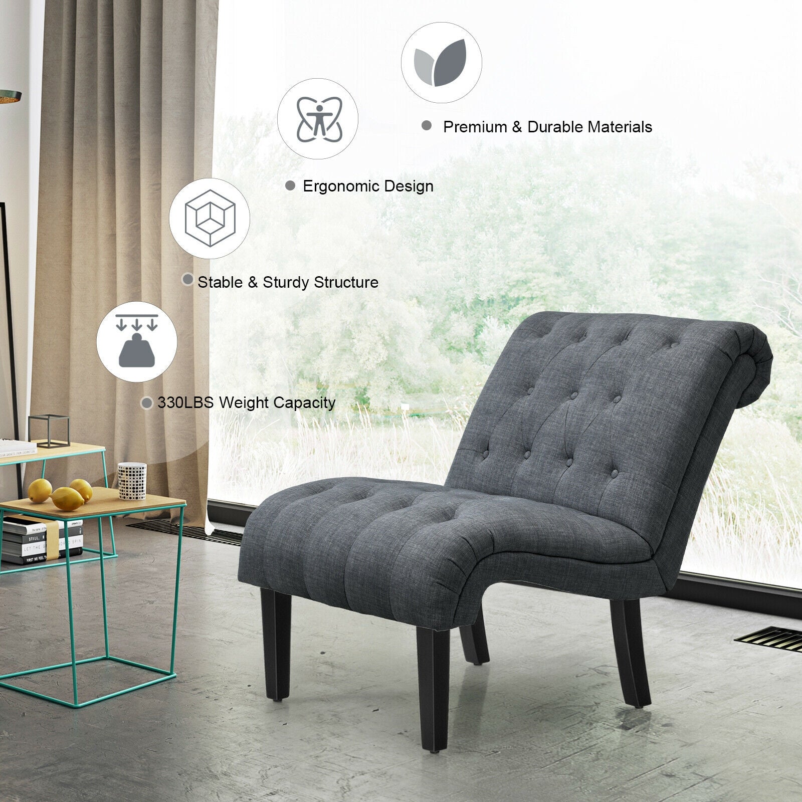 Cotton Linen Fabric Armless Accent Chair with Adjustable Foot Pads