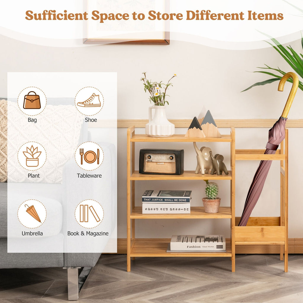 4-Tier Bamboo Shoe Rack Organiser with Umbrella Holder-Natural