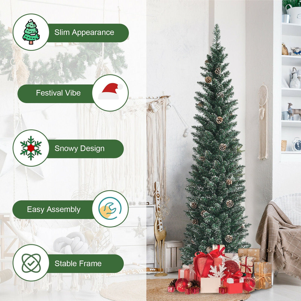 Snowy Artificial Pencil Christmas Tree with Pine Cones