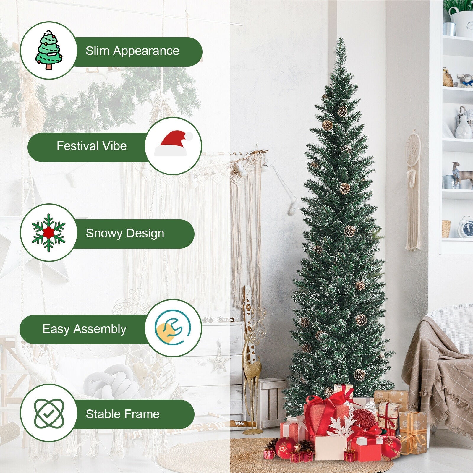Snowy Artificial Pencil Christmas Tree with Pine Cones