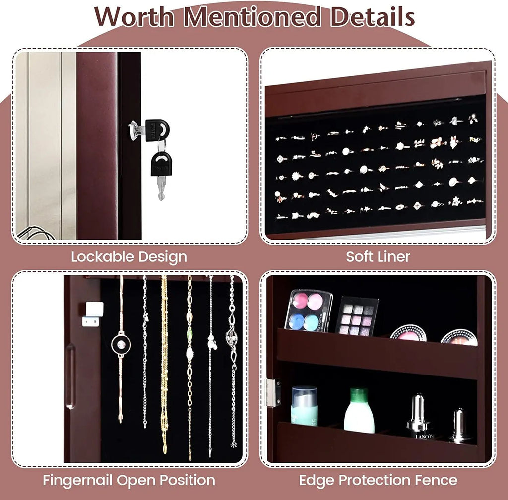Lockable Wall Door Mounted Mirror Jewelry Cabinet w/LED Lights