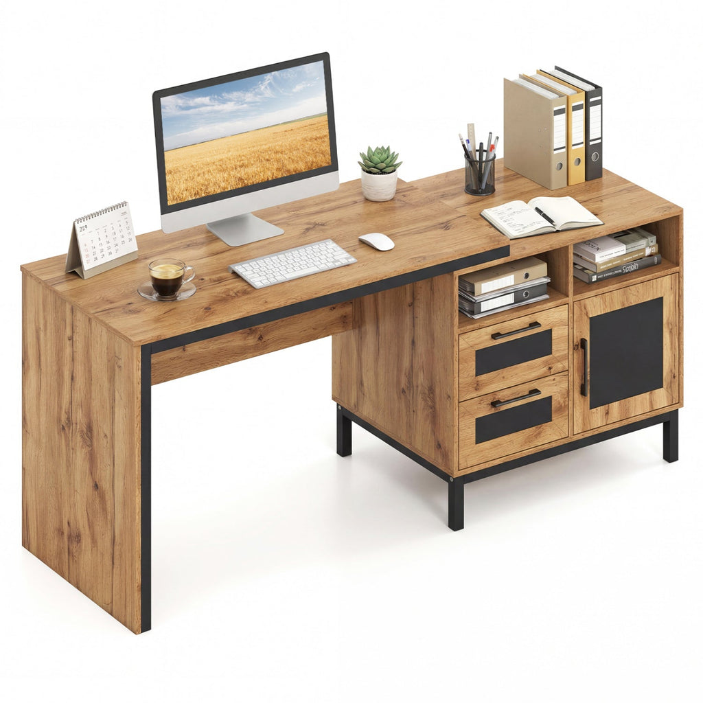71-Inch Computer Table with Open Compartments and Drawers