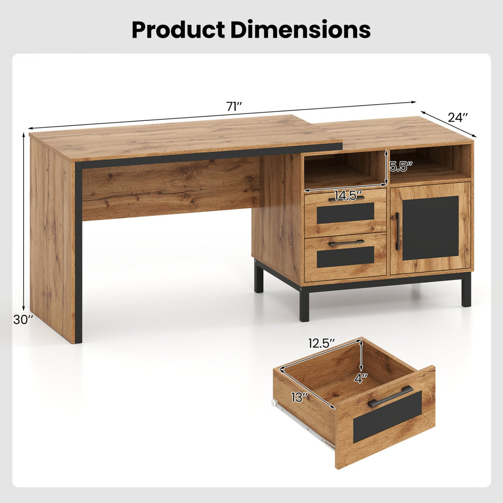 71-Inch Computer Table with Open Compartments and Drawers
