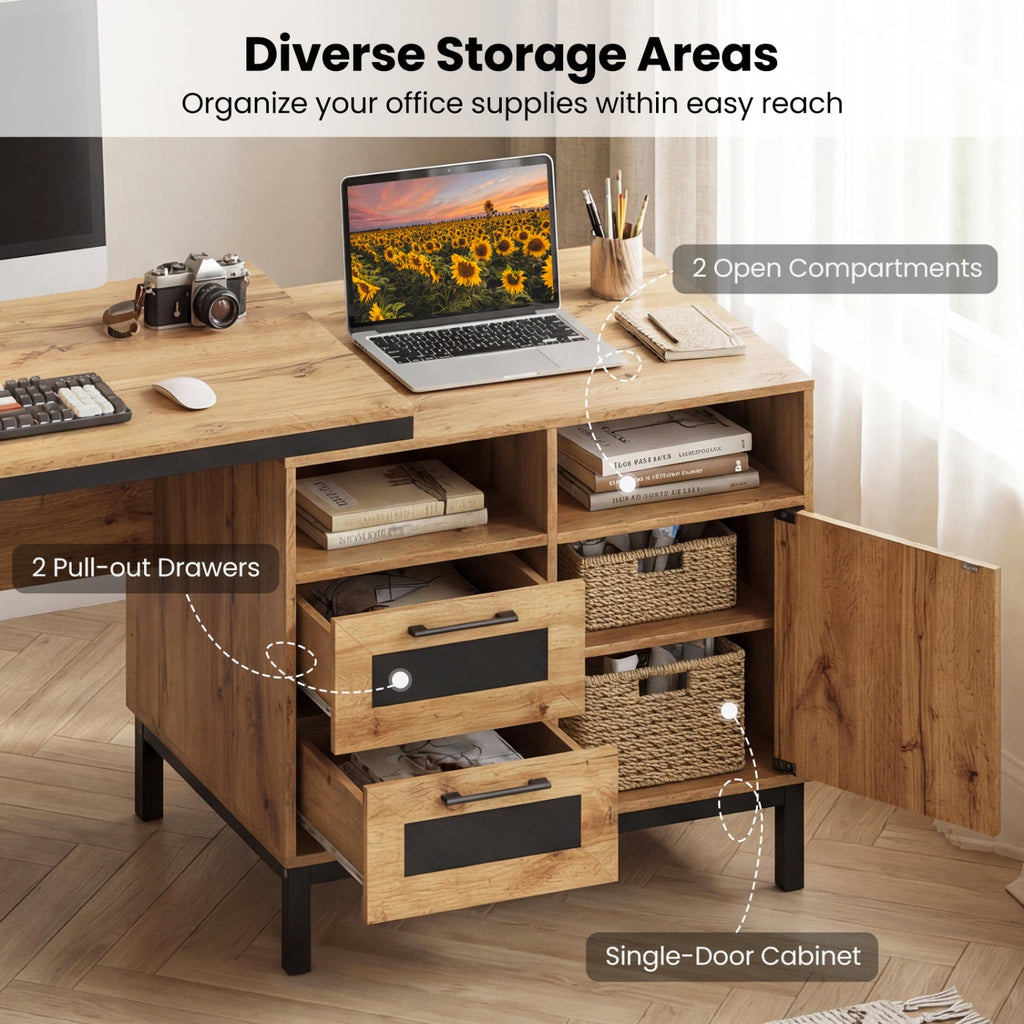 71-Inch Computer Table with Open Compartments and Drawers