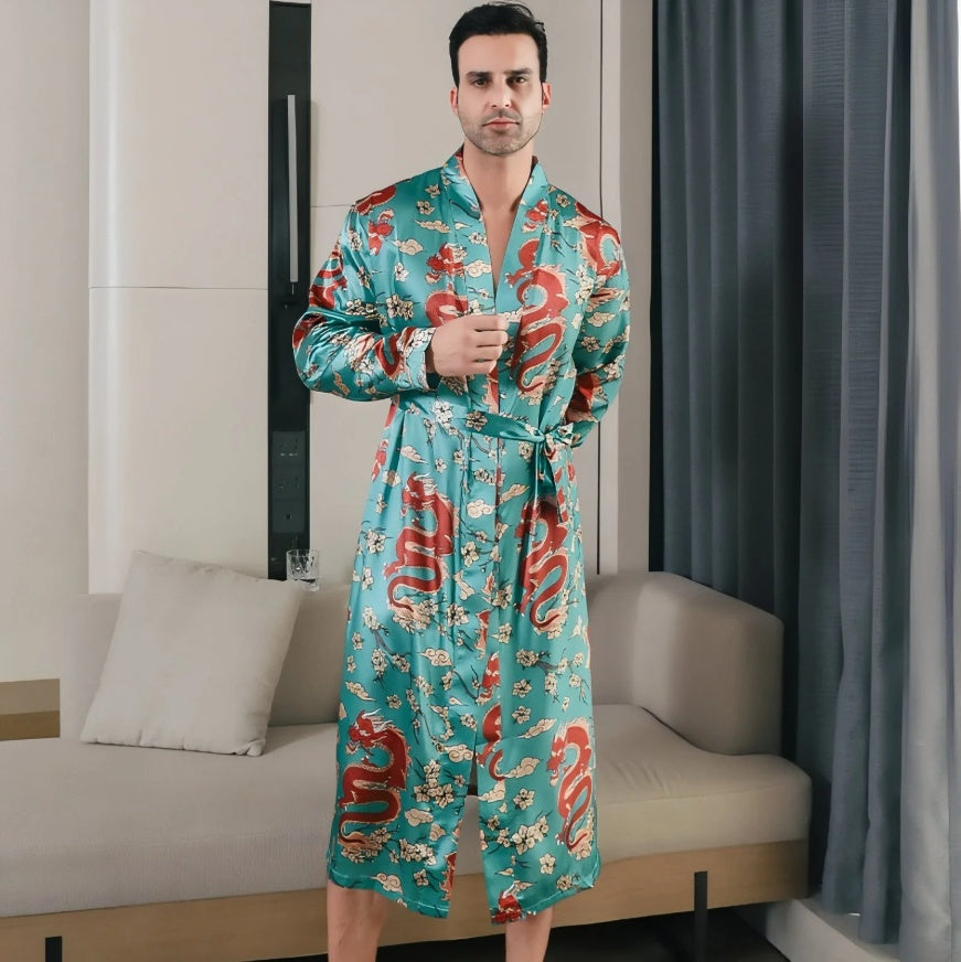 Summer Ice-silk Long-style Wearable Ice-silk Youth Long-sleeve Loungewear Mens Nightgown Thin Style