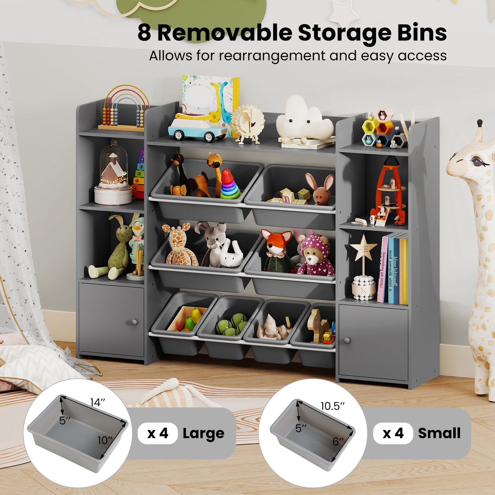 56 inch Large Toy Storage Organizer with 8 Removable Bins and Bookshelf