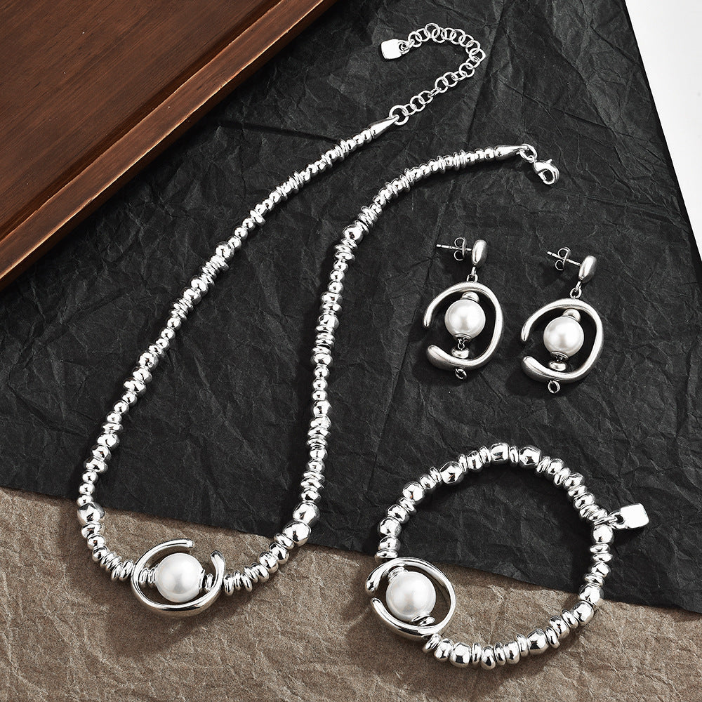 3Pcs Trendy Broken Silver Big Pearl Jewelry Set For Women, Necklace Bracelet Earring Matching Set, Dainty Elegant Sweater Chain Fashion Jewelry