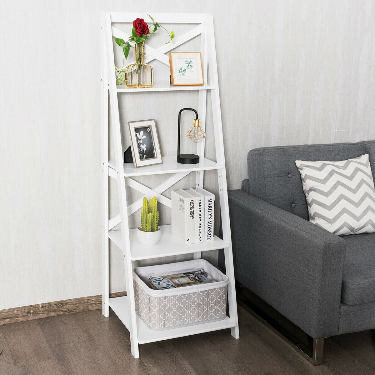2 Pieces 4-Tier Wood Display Storage Bookshelf Set