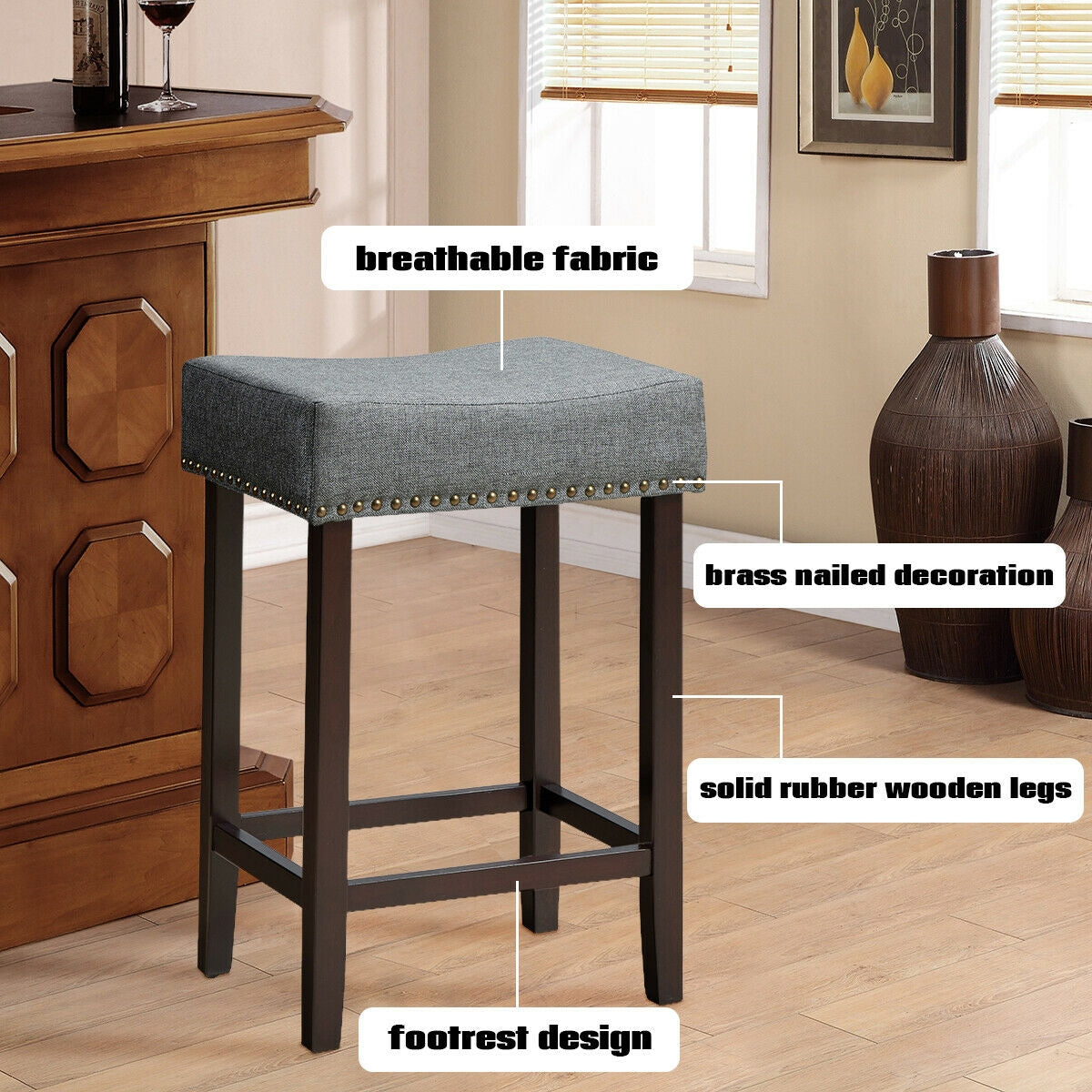 Set of 2 Nailhead Saddle Bar Stools 24 Inch Height