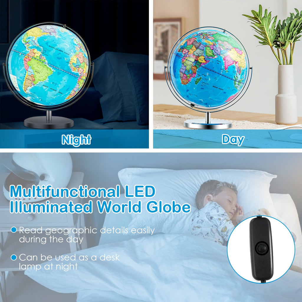 13 Inch Illuminated World Globe 720° Rotating Map with LED Light