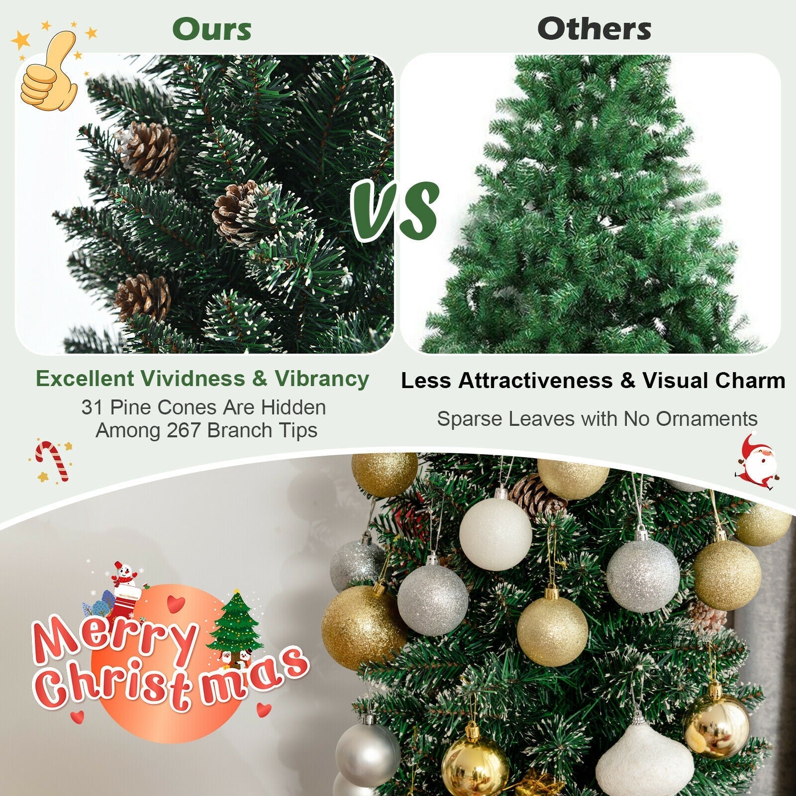 Snowy Artificial Pencil Christmas Tree with Pine Cones