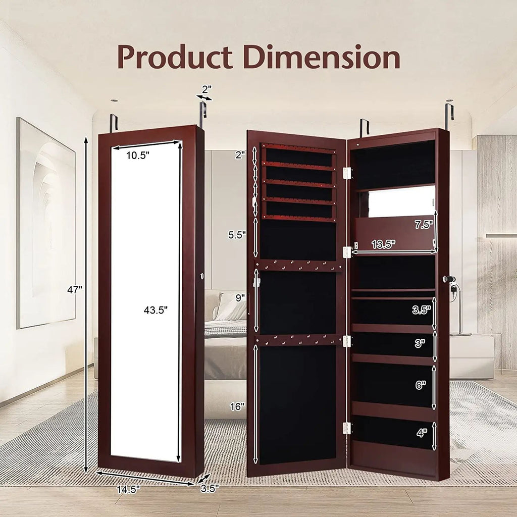 Lockable Wall Door Mounted Mirror Jewelry Cabinet w/LED Lights