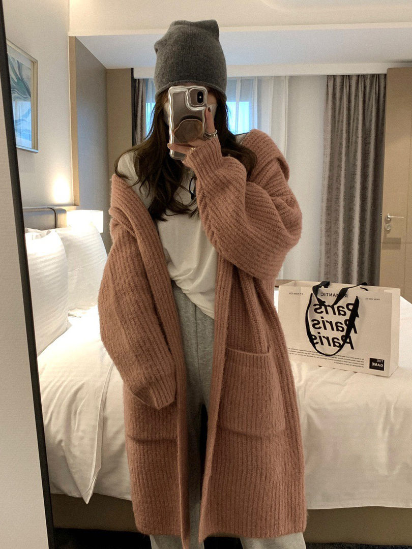 Womens Solid-Color Loose Hooded Sweater Jacket