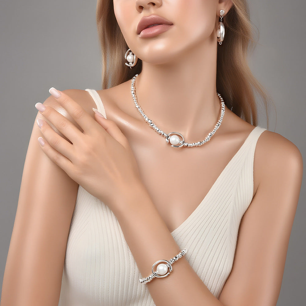 3Pcs Trendy Broken Silver Big Pearl Jewelry Set For Women, Necklace Bracelet Earring Matching Set, Dainty Elegant Sweater Chain Fashion Jewelry