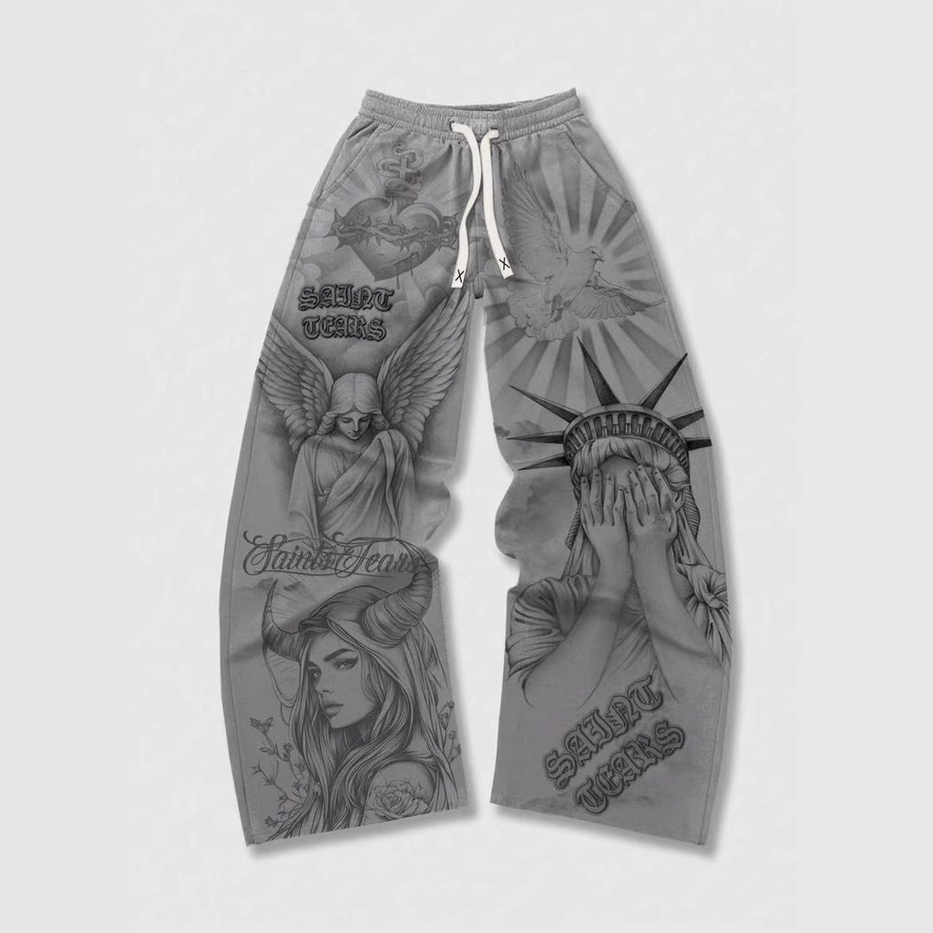 Retro Letter Print Mens Loose Casual Pants