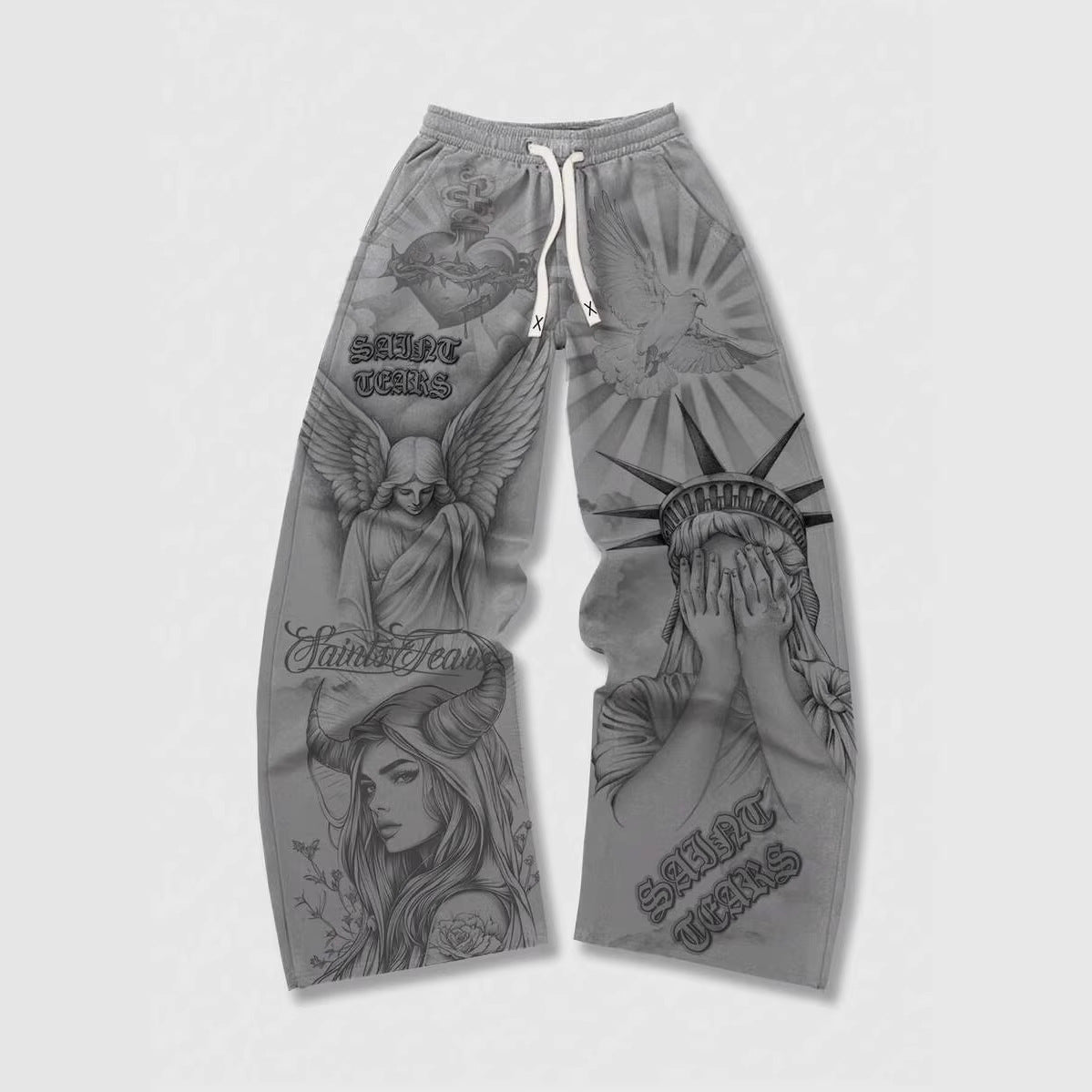 Retro Letter Print Mens Loose Casual Pants