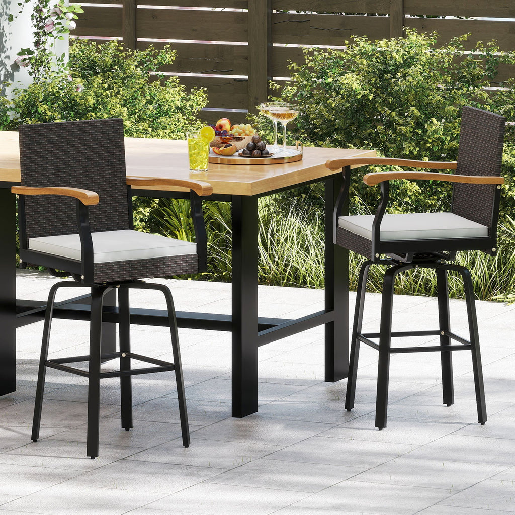 Set of 2 Outdoor 360¬∞ Swivel Bar Stool with Cushion and Acacia Wood Armrests