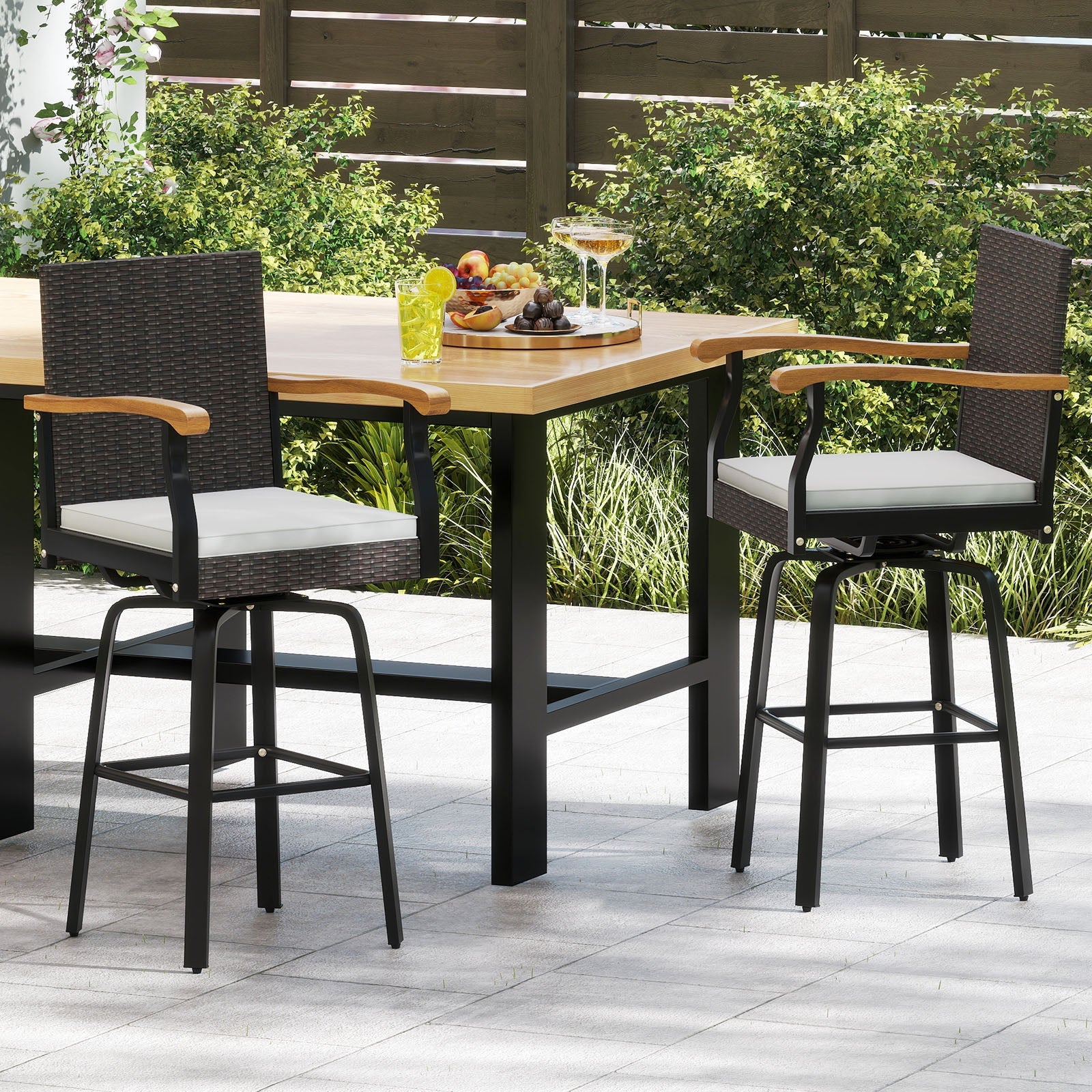Set of 2 Outdoor 360¬∞ Swivel Bar Stool with Cushion and Acacia Wood Armrests