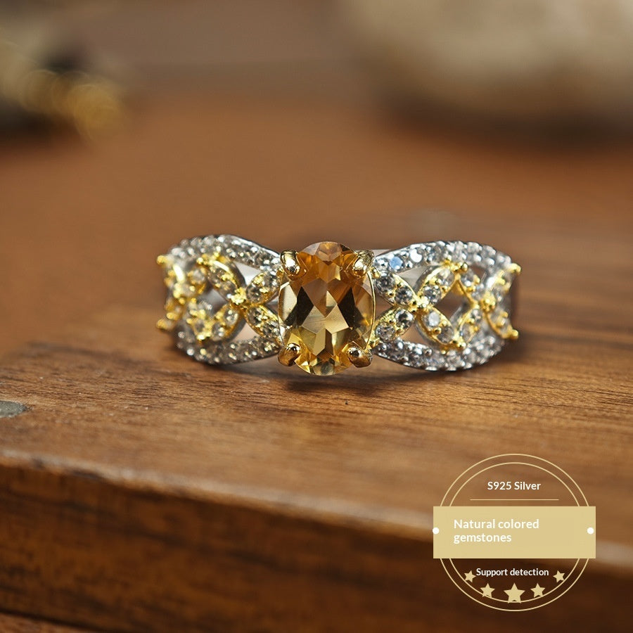 Natural Citrine 925 Silver Openwork Ring