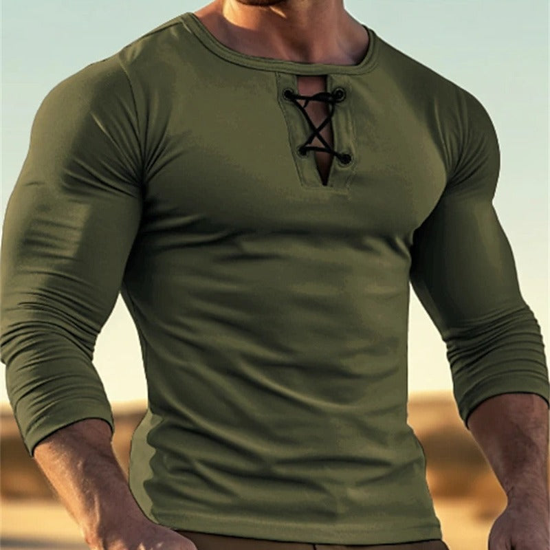Mens Round-neck Solid-color Long-sleeve Top With Buttons
