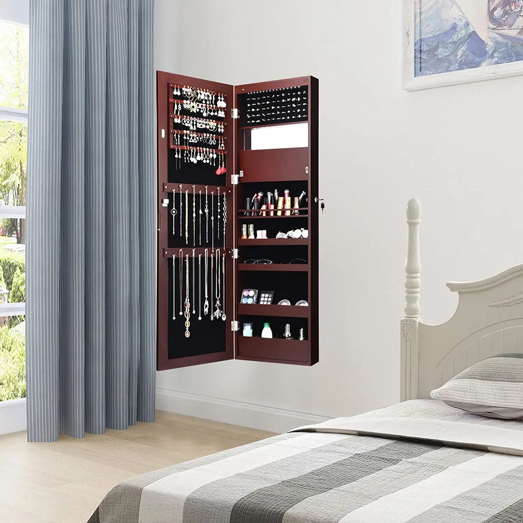 Lockable Wall Door Mounted Mirror Jewelry Cabinet w/LED Lights