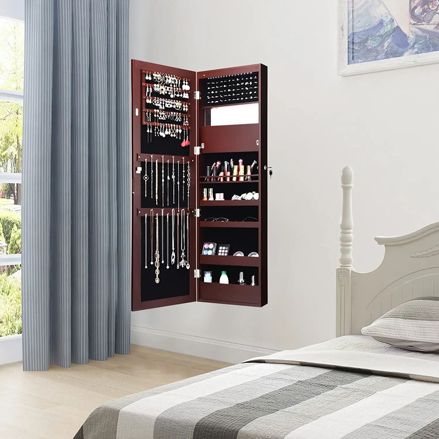 Lockable Wall Door Mounted Mirror Jewelry Cabinet w/LED Lights