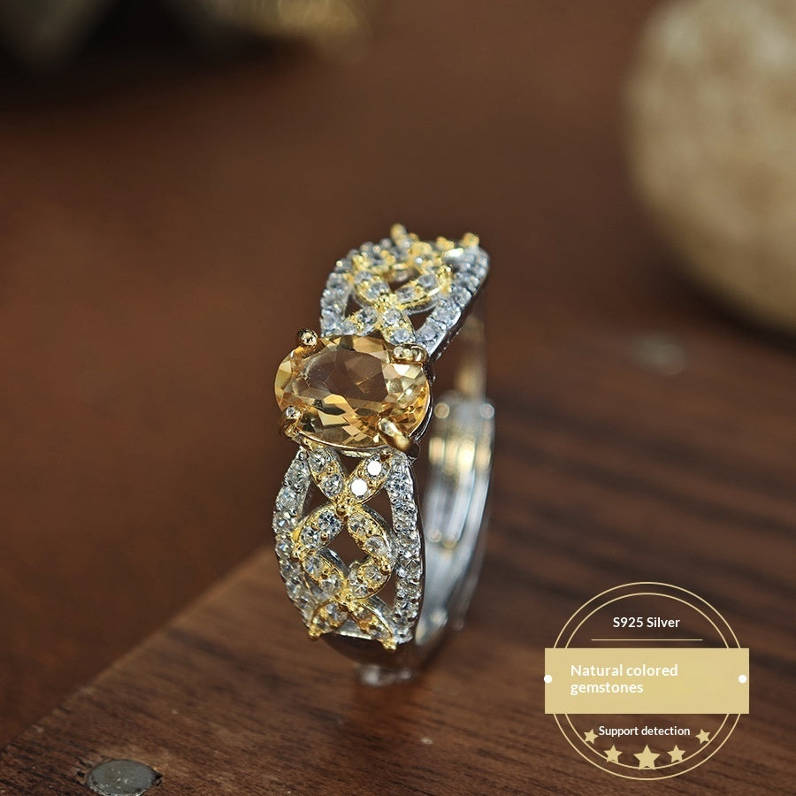 Natural Citrine 925 Silver Openwork Ring