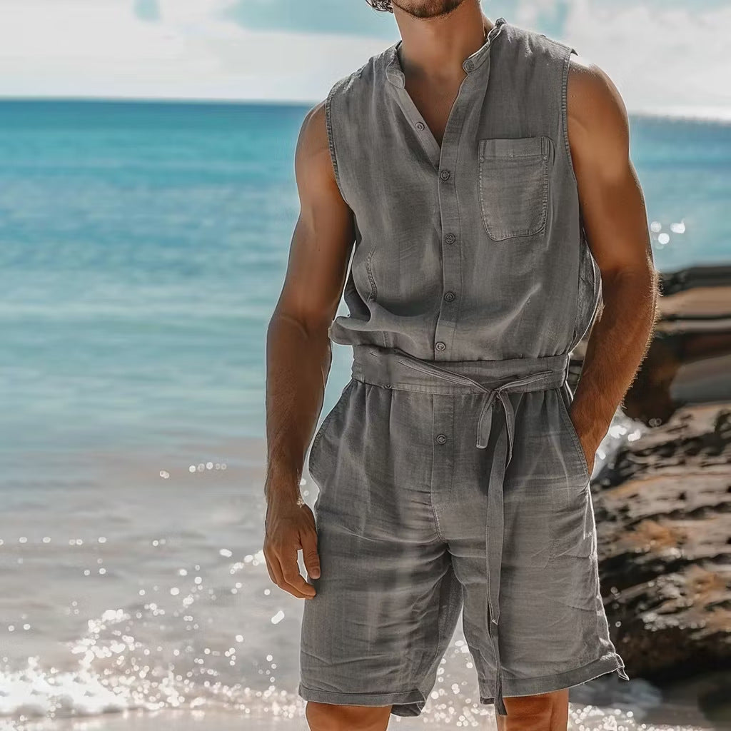 Mens Buttoned One-Piece Nap Vest And Shorts Set