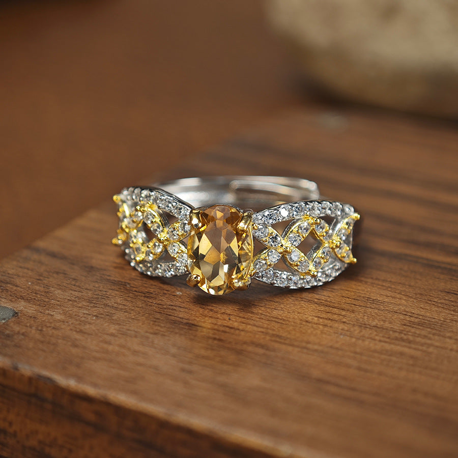 Natural Citrine 925 Silver Openwork Ring