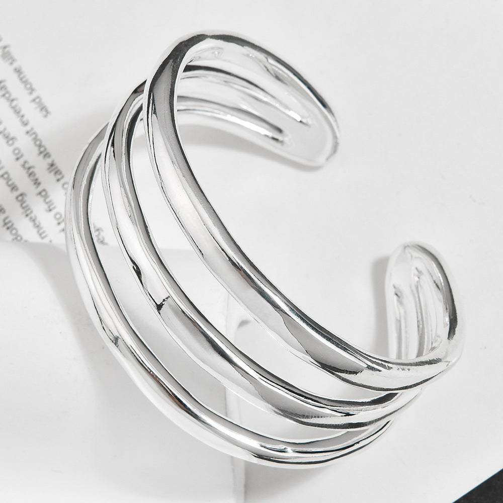 Triple Layer Spiral Open Cuff Bracelet, Polished Silver Minimal Sculptural Bangle, Quiet Luxury European Spanish Women Jewelry