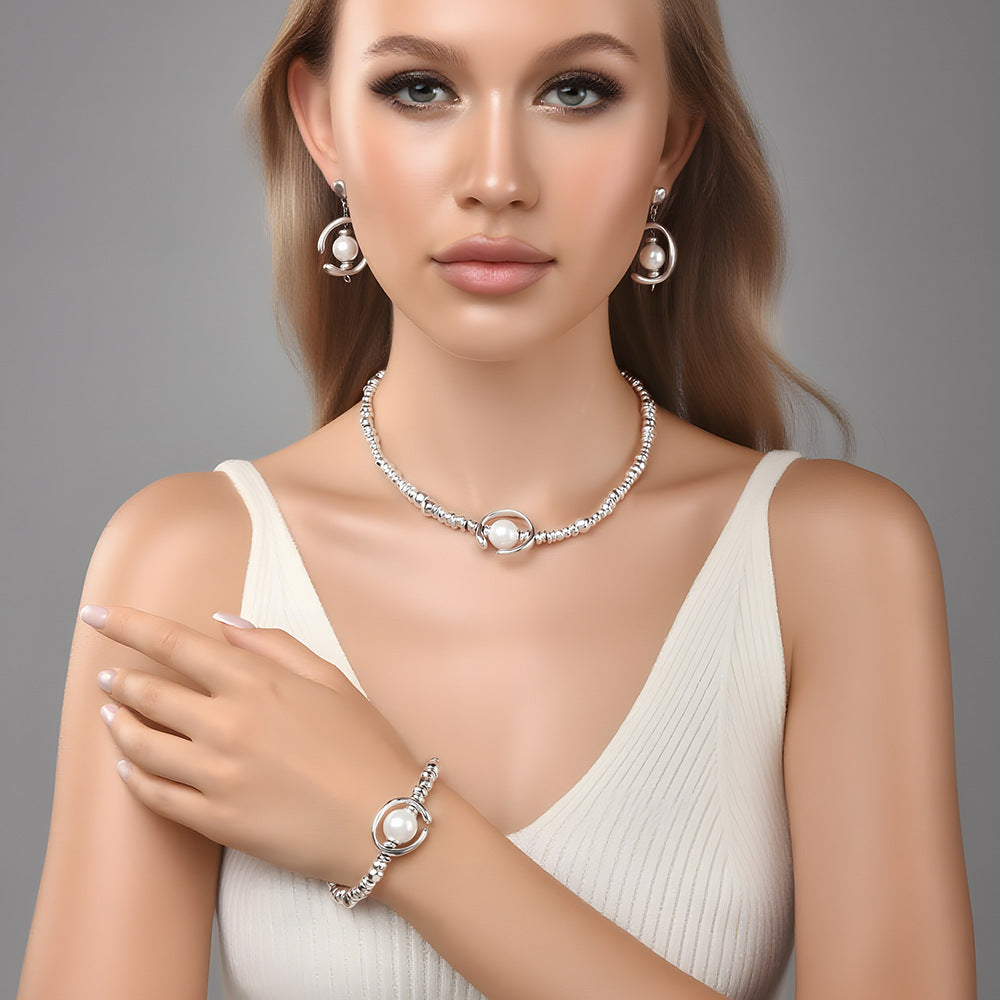 3Pcs Trendy Broken Silver Big Pearl Jewelry Set For Women, Necklace Bracelet Earring Matching Set, Dainty Elegant Sweater Chain Fashion Jewelry