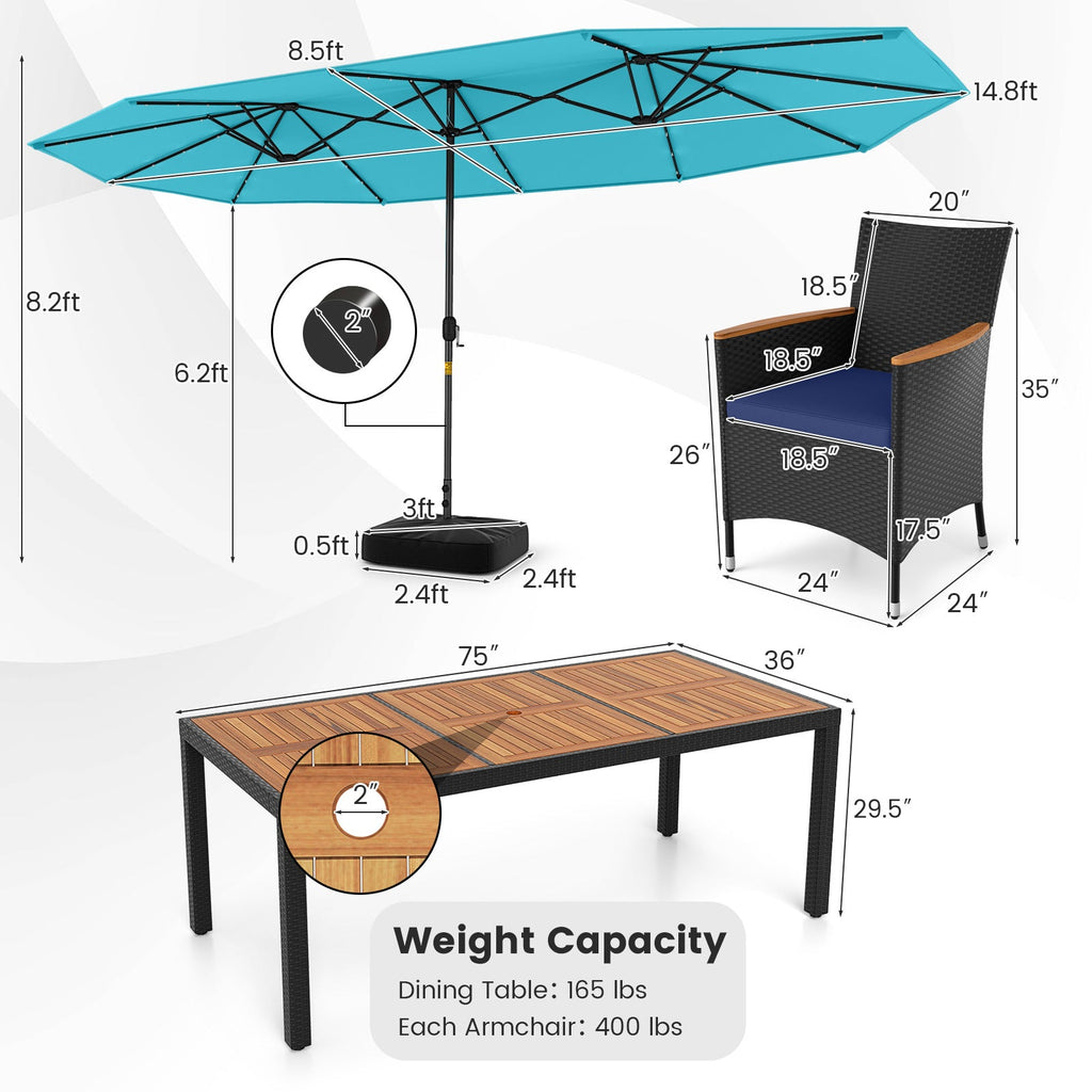 11 Pieces Patio Dining Set with LED Patio Umbrella with Base and Seat Cushions (Navy)