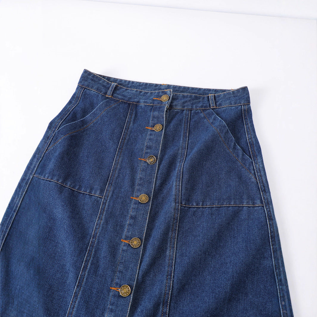 Solid-color Single-breasted Denim Skirt With Pockets