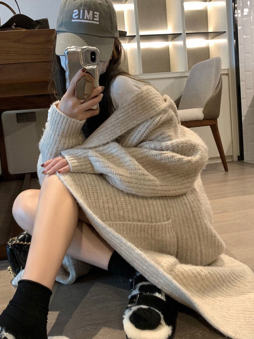 Womens Solid-Color Loose Hooded Sweater Jacket