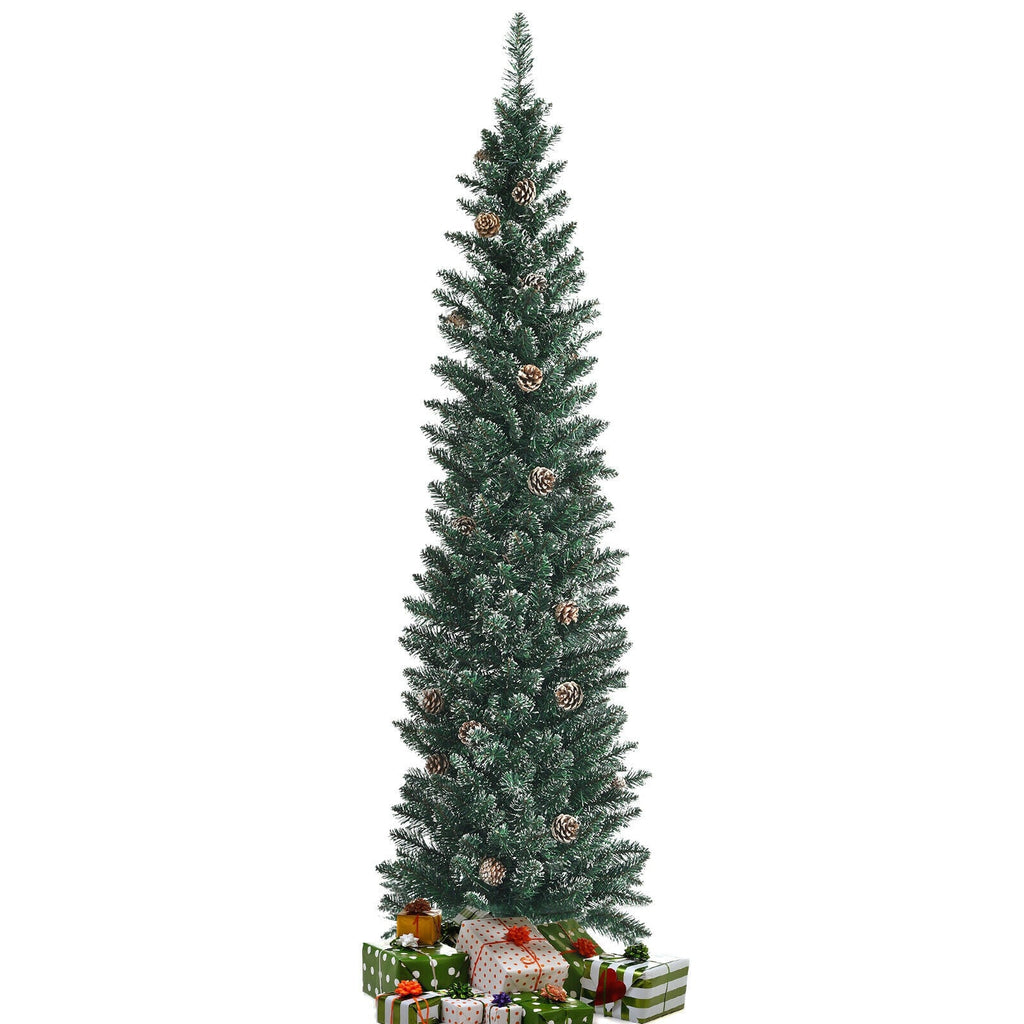 Snowy Artificial Pencil Christmas Tree with Pine Cones