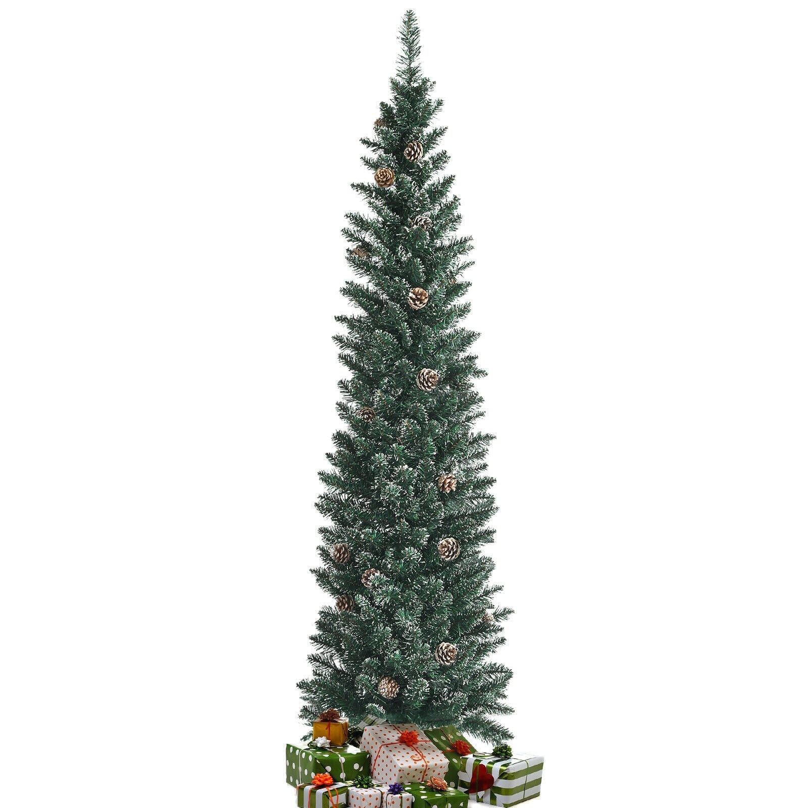 Snowy Artificial Pencil Christmas Tree with Pine Cones