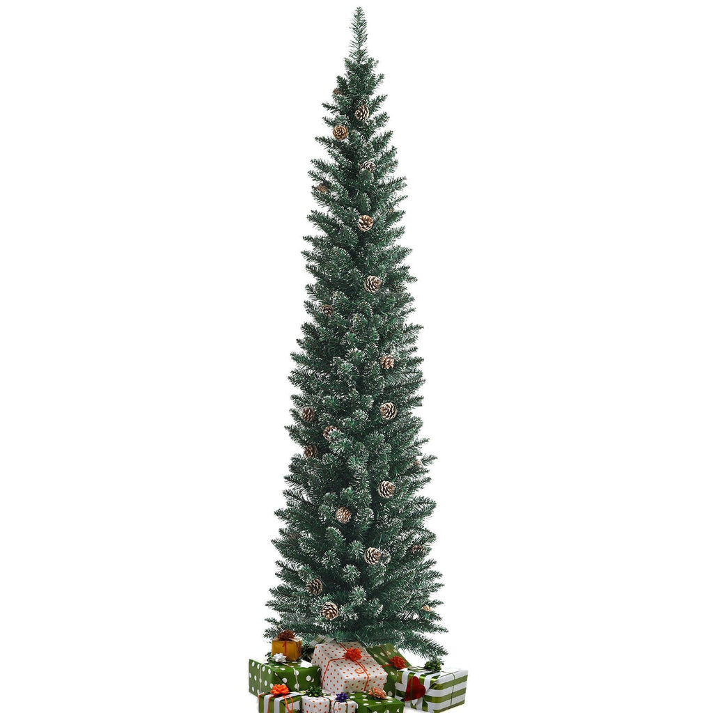 Snowy Artificial Pencil Christmas Tree with Pine Cones