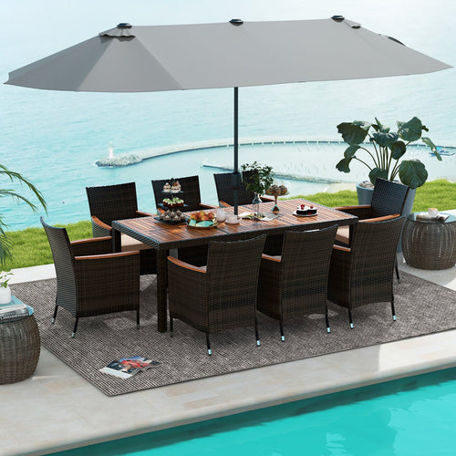 10 Piece Outdoor Dining Set with 15 Feet Double-Sided Twin Patio Umbrella