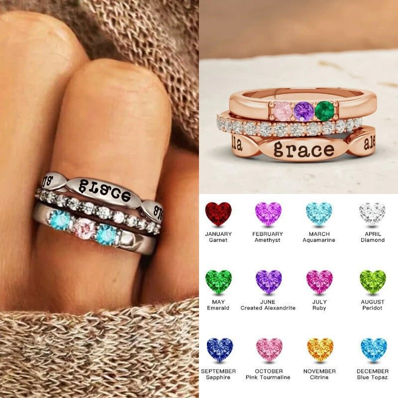 12 Color Birthstone Three Piece Combination Stacked Ring