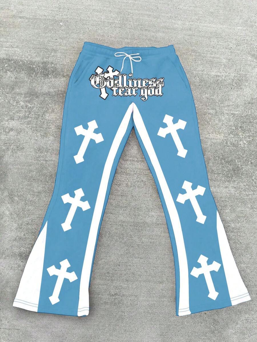 Retro Letter Print Mens Loose Casual Pants