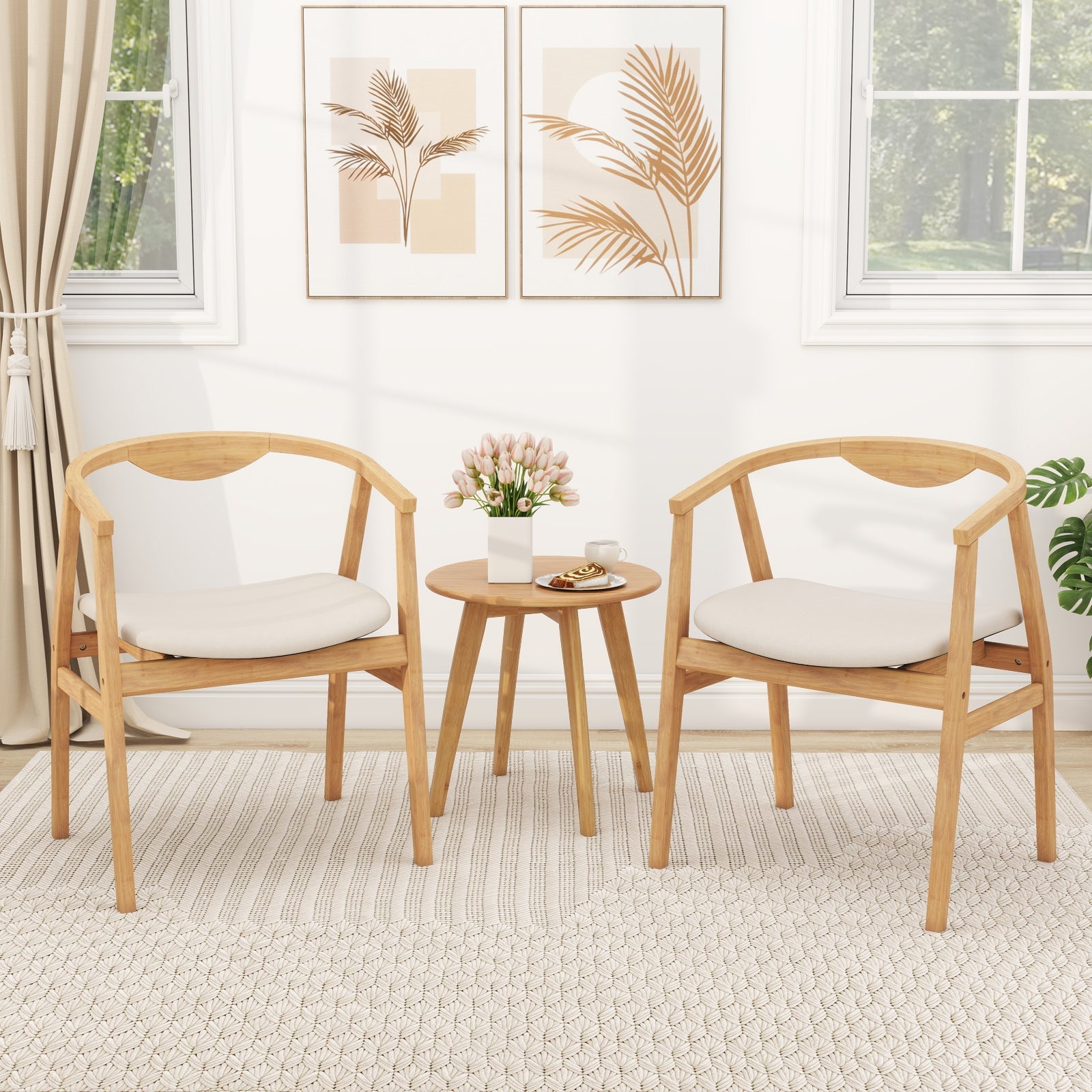 Bamboo Accent Chair with Armrest and Curved Backrest-Natural