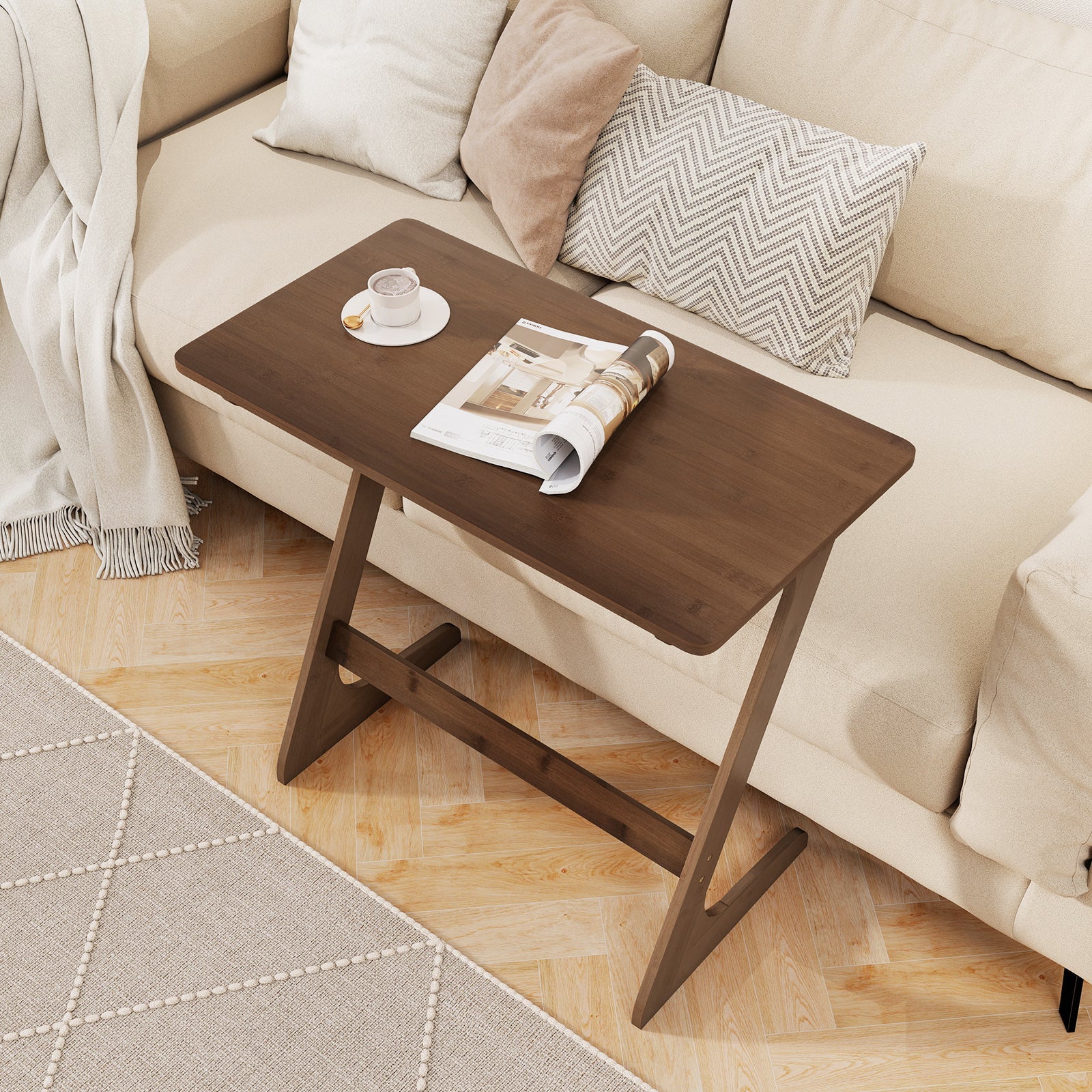 Bamboo Z-Shaped Spacious Sofa Side Table with Space-Saving Tabletop
