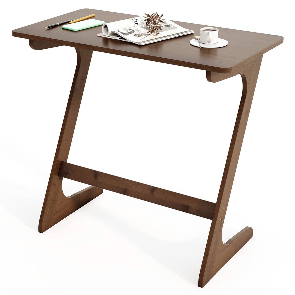 Bamboo Z-Shaped Spacious Sofa Side Table with Space-Saving Tabletop