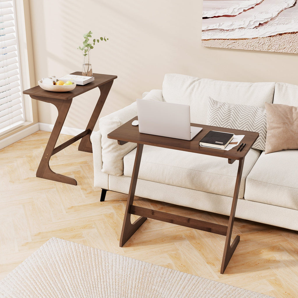 Bamboo Z-Shaped Spacious Sofa Side Table with Space-Saving Tabletop